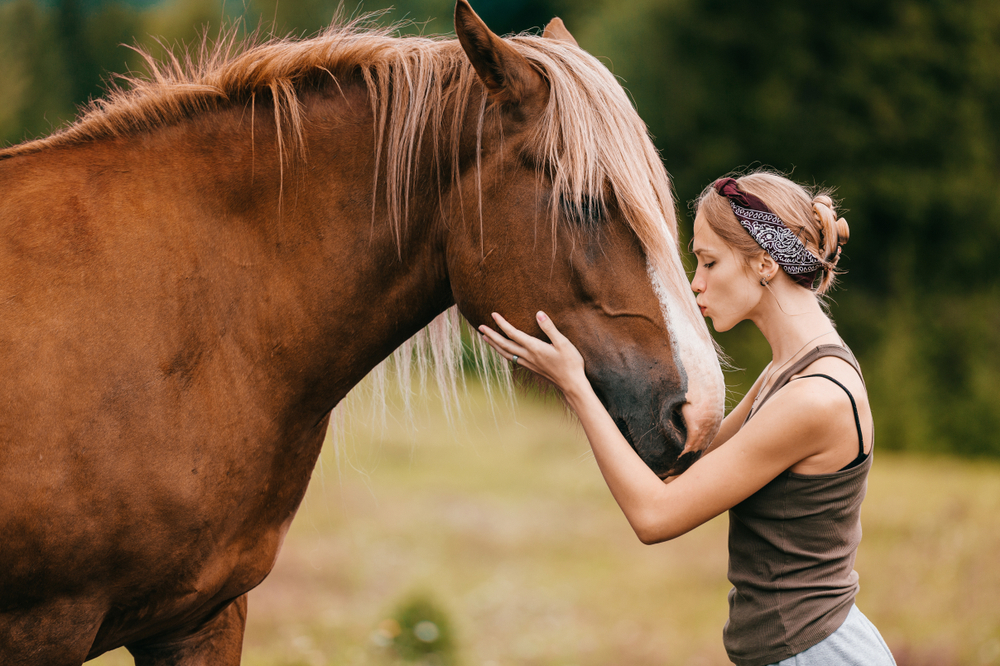 Young,Beautiful,Girl,Hugging,Horse,At,Nature.