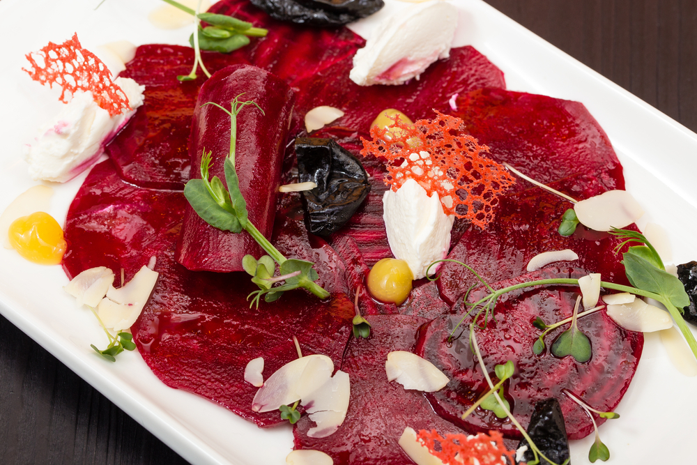 Vegan,Beetroot,Carpaccio,With,Cream,Cheese,Decorated,With,Greenery,And