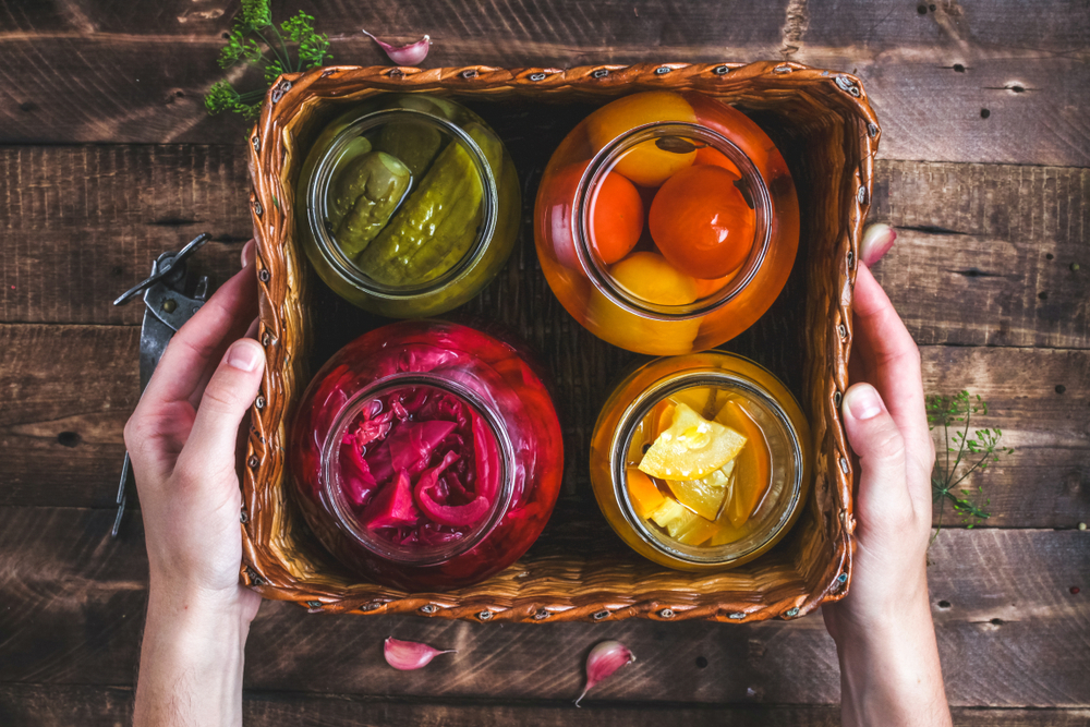 Homemade,Glass,Jars,Of,Pickled,Fresh,Cucumbers,,Juicy,Tomatoes,,Sweet