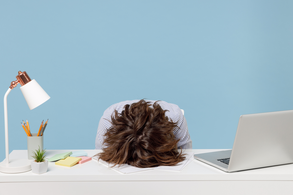 Young,Tired,Exhausted,Frustrated,Secretary,Employee,Business,Woman,Wearing,Casual