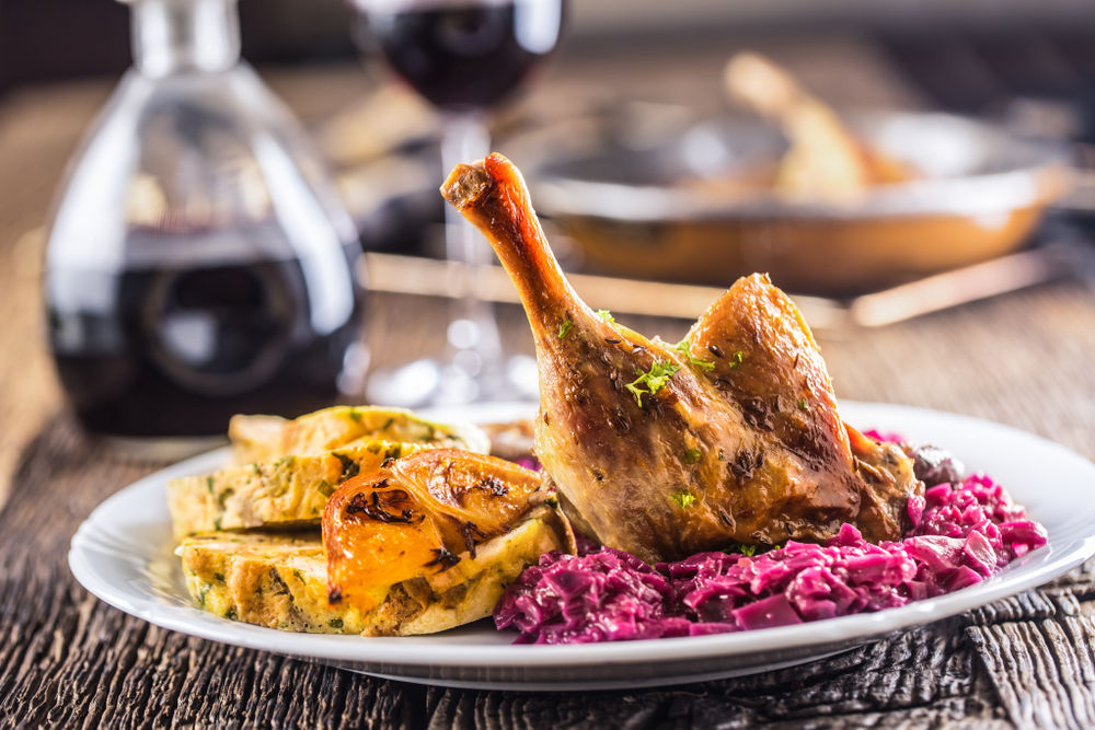 Portion,Of,Roast,Duck,Leg,Red,Cabbage,Homemade,Dumplings,On