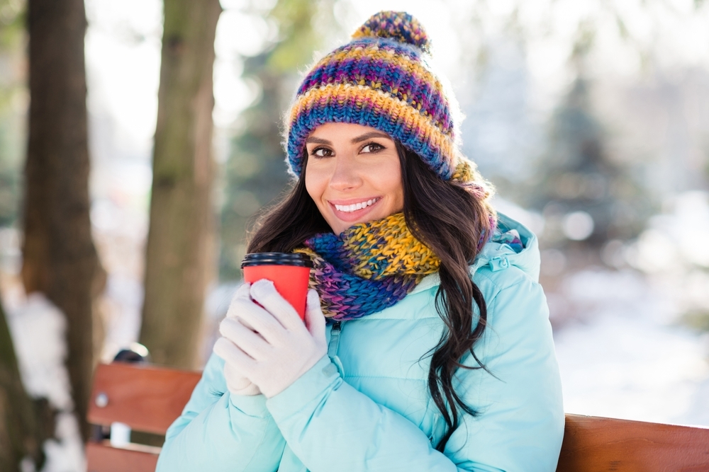 Photo,Of,Positive,Dreamy,Lady,Hold,Cup,To-go,White,Smile