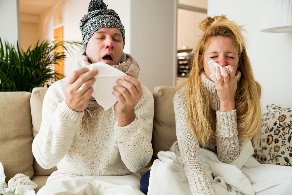 Sick,Couple,Catch,Cold.,Man,And,Woman,Sneezing,,Coughing.,People