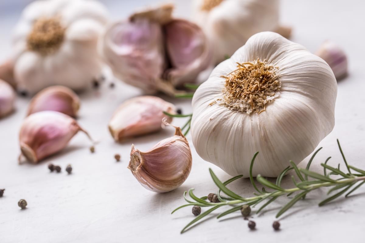 Fresh,Garlic,With,Rosemary,And,Pepper,On,White,Concrete,Board.