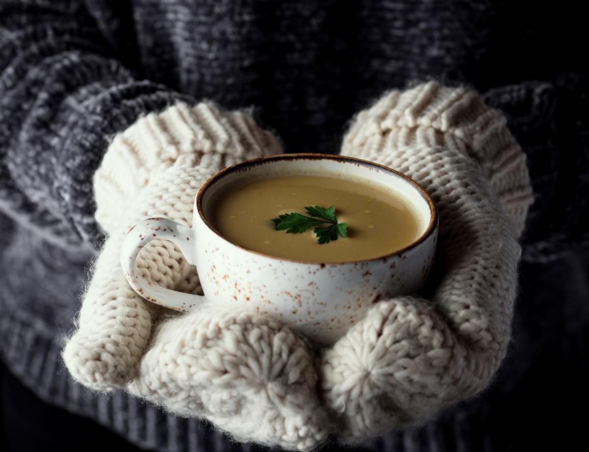 Girl,In,Mittens,Holding,A,Cup,Of,Soup.toned,Image