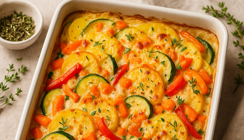 Zapeen brambory se zeleninou, bylinkami a srem