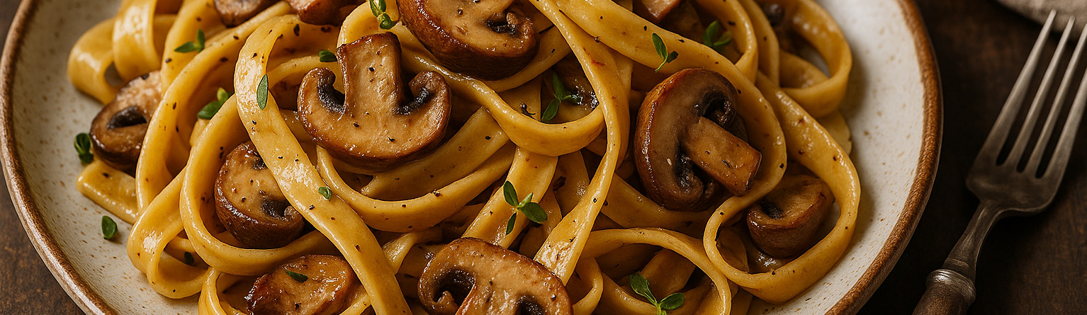 Těstoviny s houbami, česnekem a tymiánem