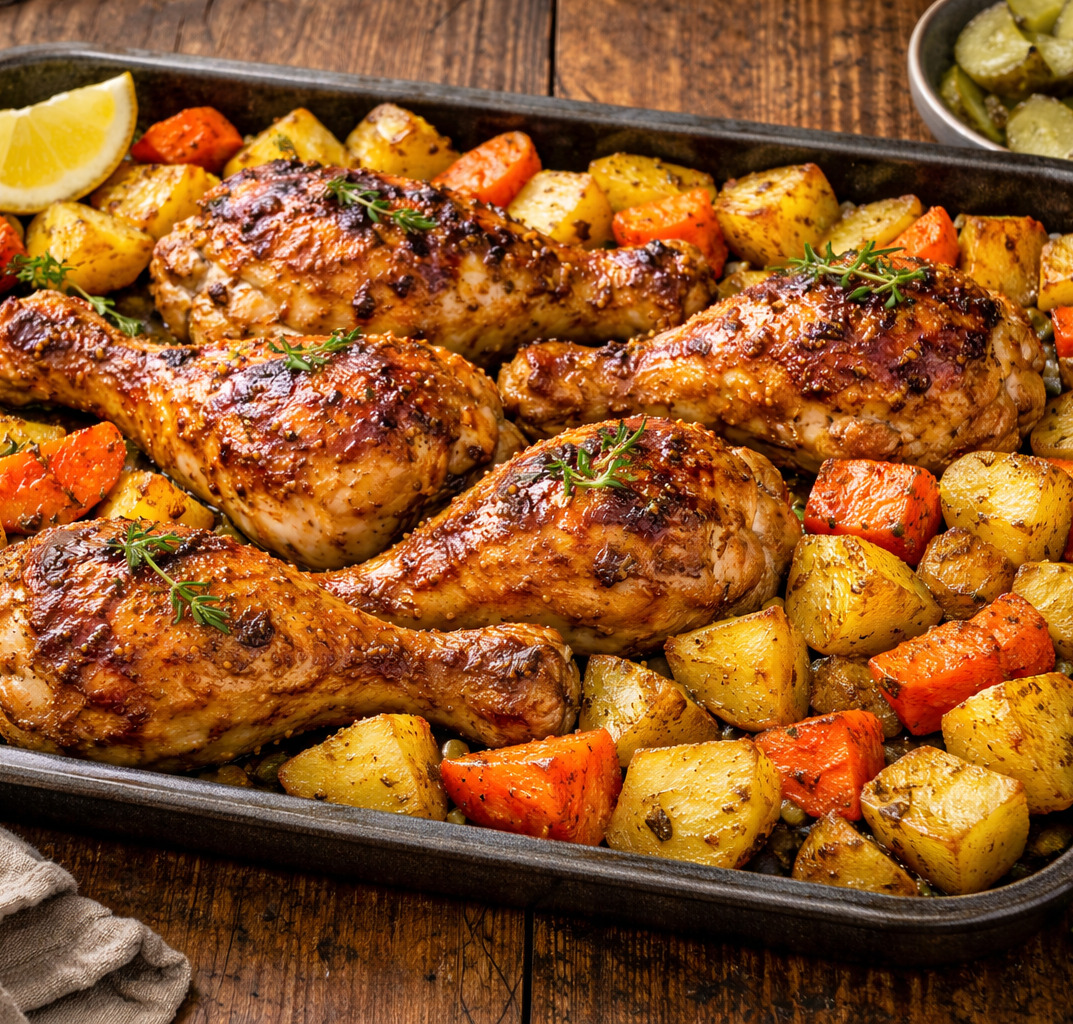 Ku�e na medu s ho��ic� a pe�en�mi brambory s mrkv� 