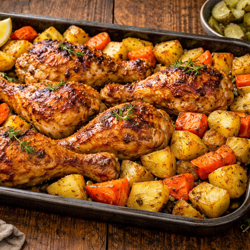 Ku�e na medu s ho��ic� a pe�en�mi brambory s mrkv� 