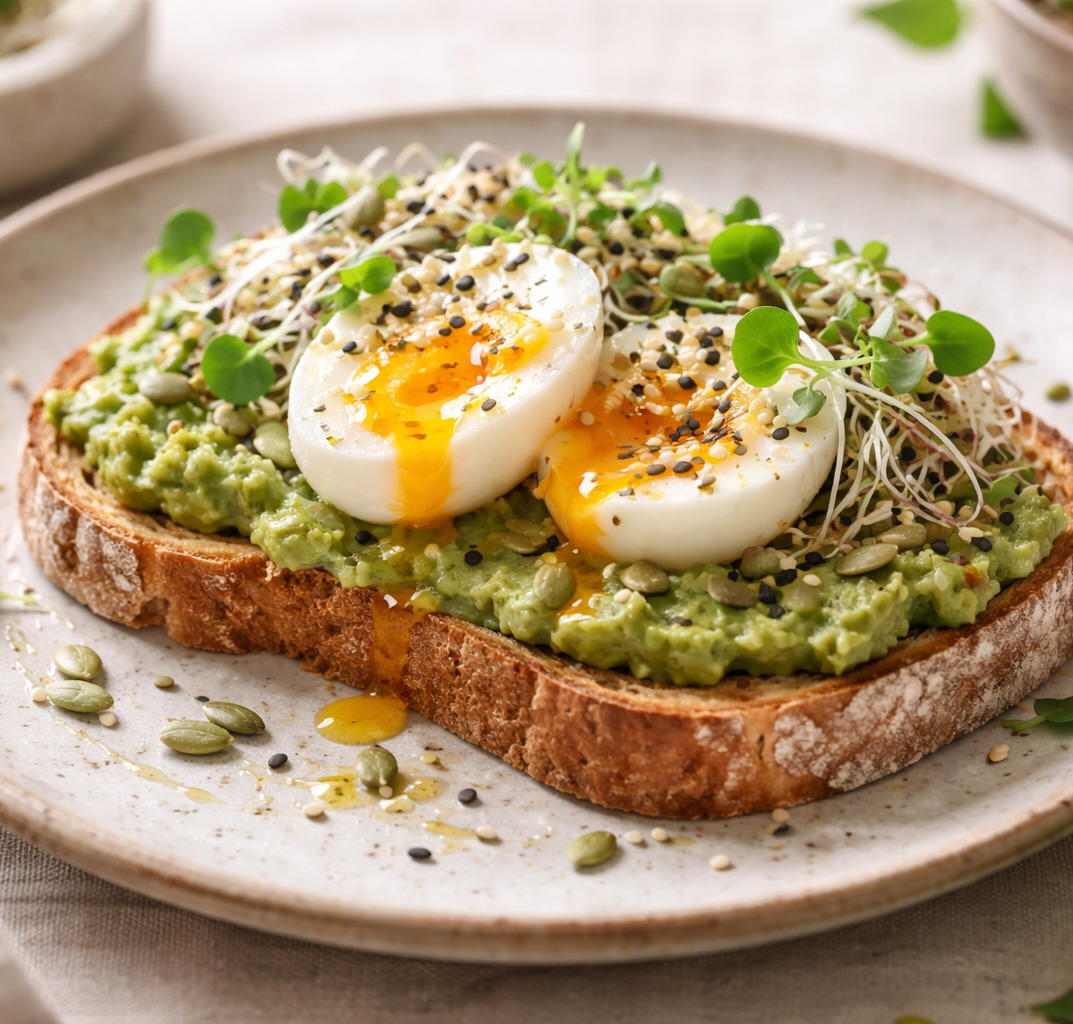 Kv�skov� toast s avok�dem, vejcem a kl��ky