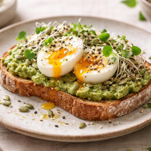 Kv�skov� toast s avok�dem, vejcem a kl��ky