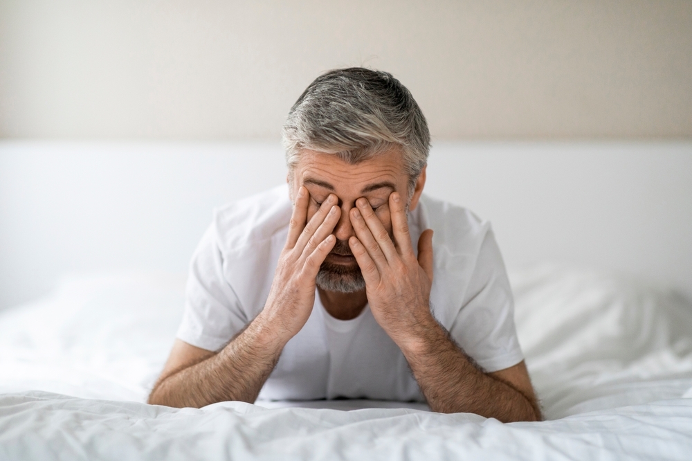 Sleeping,Disorder.,Closeup,Of,Exhausted,Grey-haired,Middle,Aged,Man,Lying